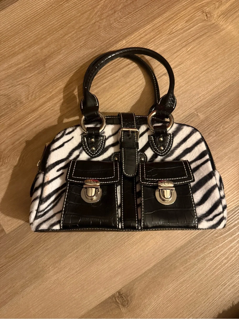 Y2K Black & White Zebra Print Handbag with Black Accents
